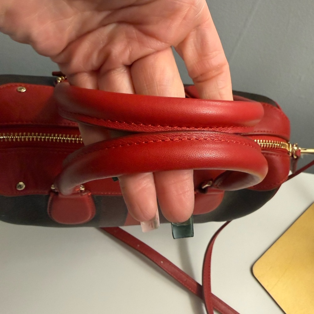 👜 Coach Leather Mini Satchel w/ Signature Stripe – Red & Brown - Picture 7 of 12